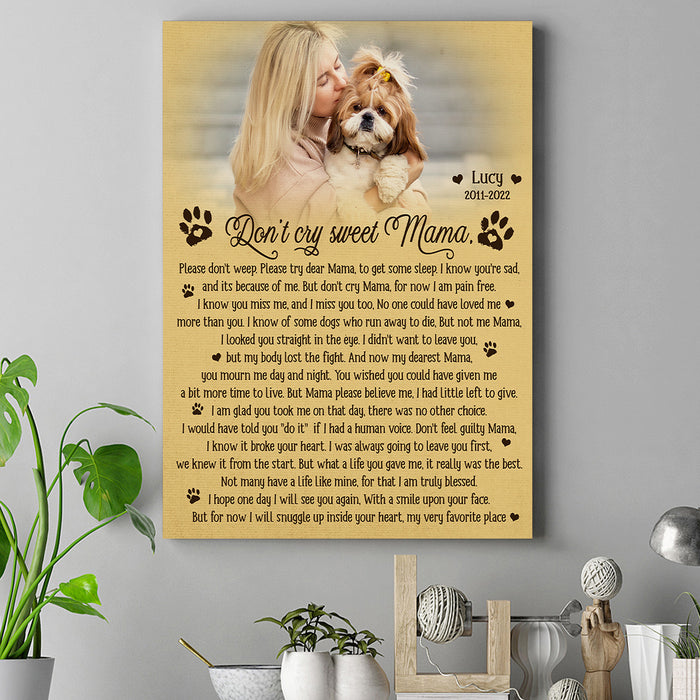 Personalized Memorial Canvas Wall Art For Loss Of Pet Don't Cry Sweet Mama Yellow Theme Pawprints Custom Name & Photo