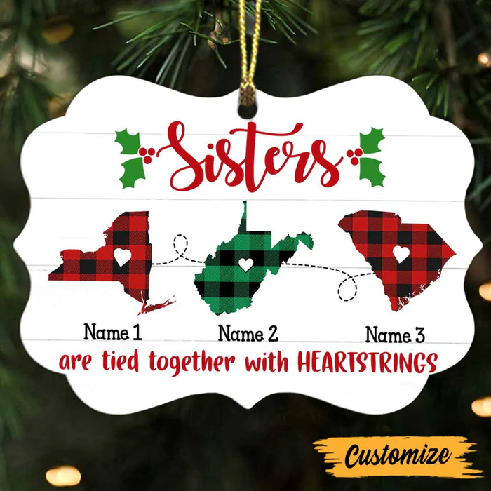 Personalized Ornament Long Distance Gifts For Besties Sisters Tied Together With Heartstring Custom Name Tree Hanging
