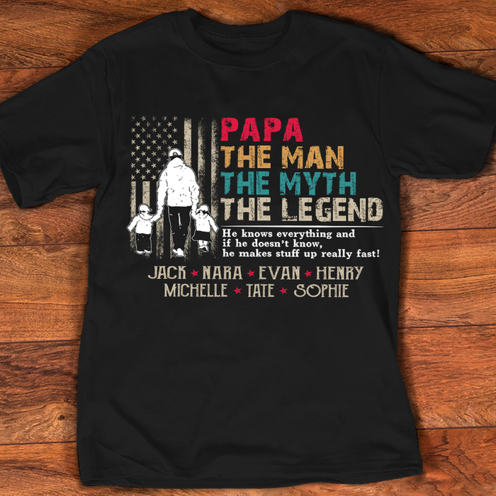 Personalized T-Shirt For Grandpa The Man The Myth Retro USA Flag Design Custom Grandkids Name 4th July Day Shirt
