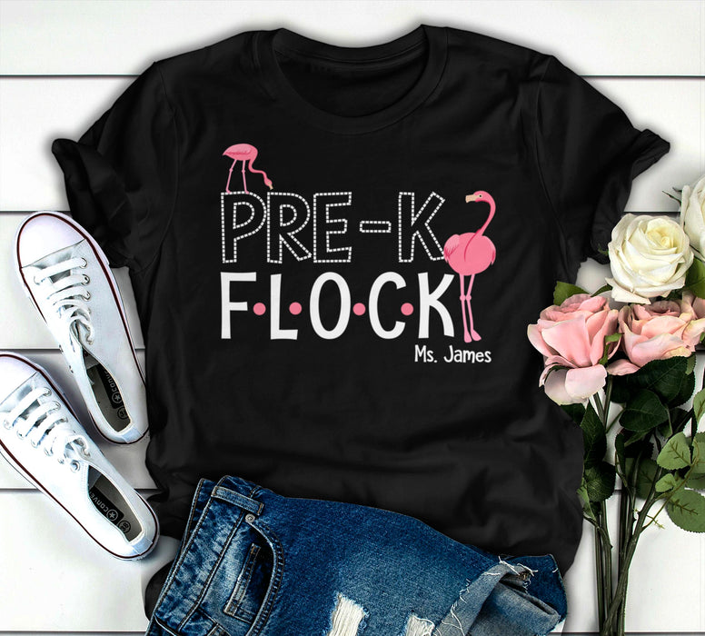 Personalized T-Shirt For Per-K Flock Cute Old And Baby Flamingo Printed Custom Name Back To School Outfit