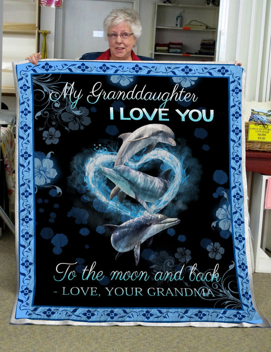 Personalized To My Granddaughter Fleece Blanket From Grandma Slove You To The Moon And Back Dolphins And Hibiscus Print