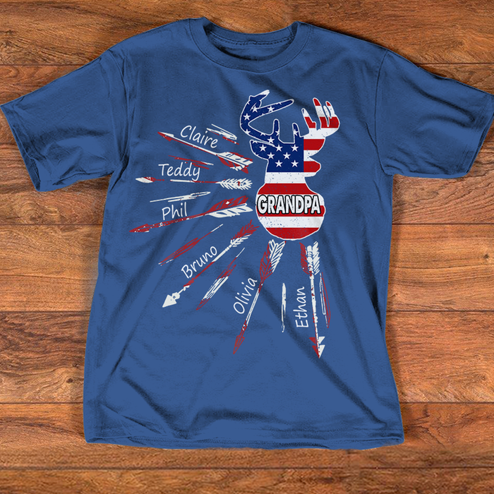 Personalized T-Shirt For Hunting Lovers Grandpa Papa Dear Hunting Arrow & American Flag Printed Custom Grandkids Name