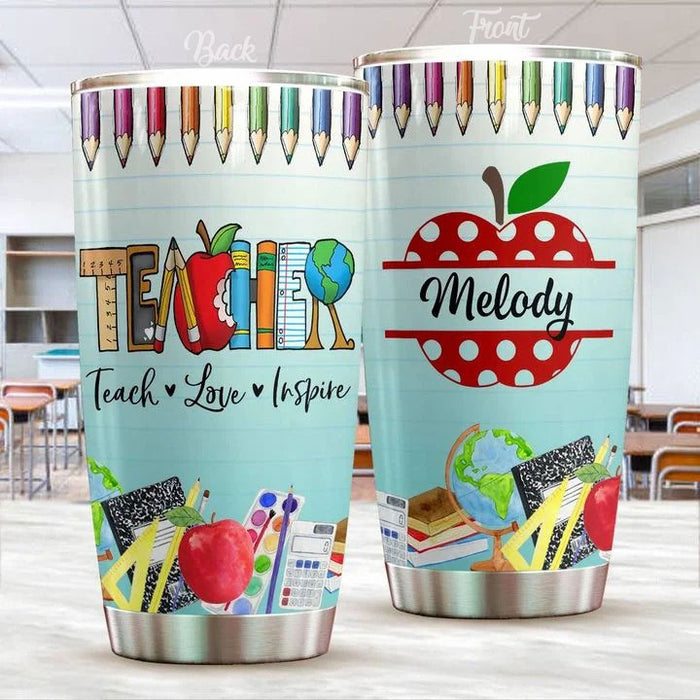 Personalized Tumbler For Teacher Teach Love Inspire Polka Dot Apple Custom Name Gifts For Back To School 20oz Cup