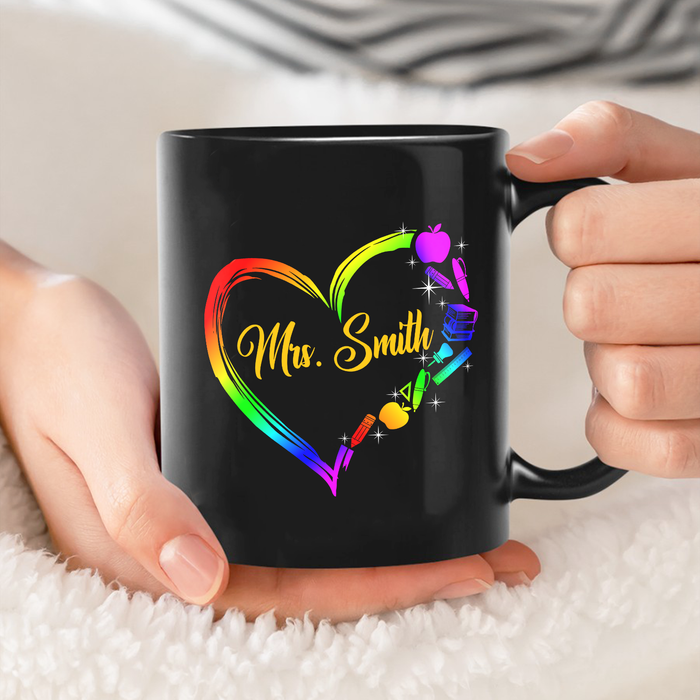 Personalized Coffee Mug For Teacher Colorful Heart School Supplies Custom Name Ceramic Black Cup Back To School Gifts