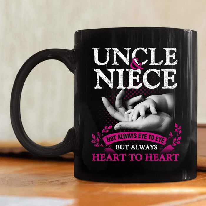 Novelty Coffee Mug For Uncle From Niece Nephew Hand In Hand Always Heart To Heart Black Cup Uncle Gifts For Christmas