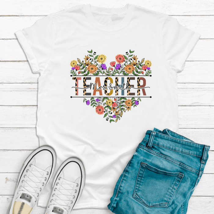 Personalized T-Shirt For Teachers Colorful Leopard & Flower Print Heart Design Custom Name Back To School Outfit