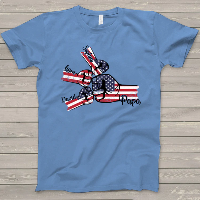 Personalized T-Shirt For Grandpa USA Flag Design Fist Bump Print Custom Grandkids Name Independence Day Shirt