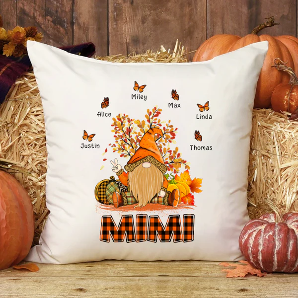 Personalized Square Pillow Gifts For Grandma Mimi Gnome Fall Butterflies Custom Grandkids Name Sofa Cushion For Birthday
