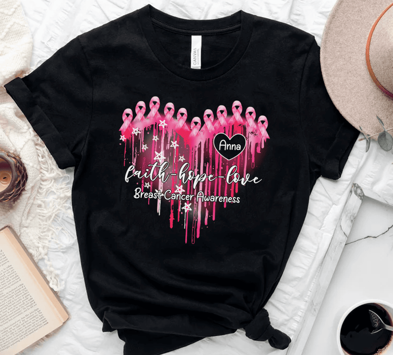 Personalized Breast Cancer Awareness T-Shirt Gifts For Girls Women Ribbon Dripping Heart Custom Name Motivational Shirt