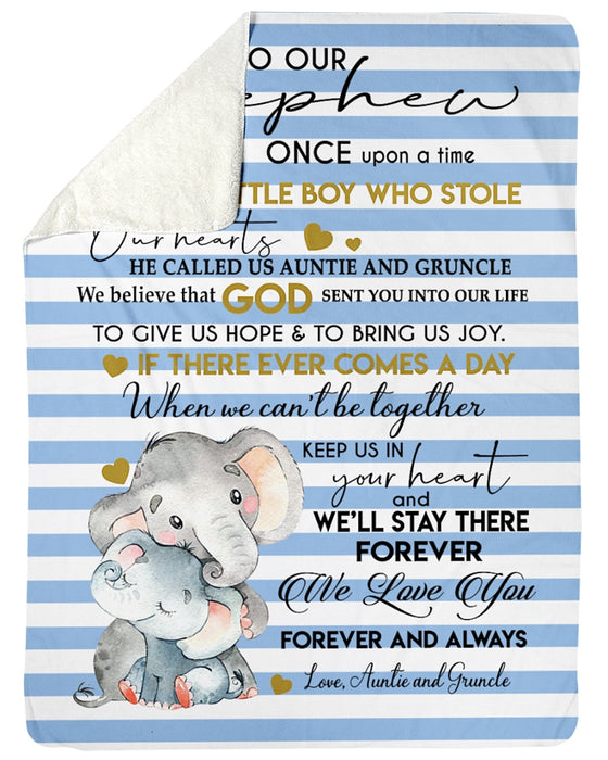 Personalized To My Nephew Blanket From Aunt Uncle Hugging Cute Elephant Blue Striped Custom Name Gifts For Christmas