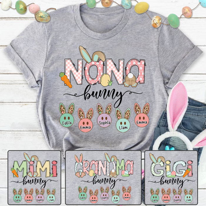 Personalized T-Shirt For Grandma Nana Bunny Cute Bunny With Carrot & Easter Eggs Printed Custom Grandkids Name