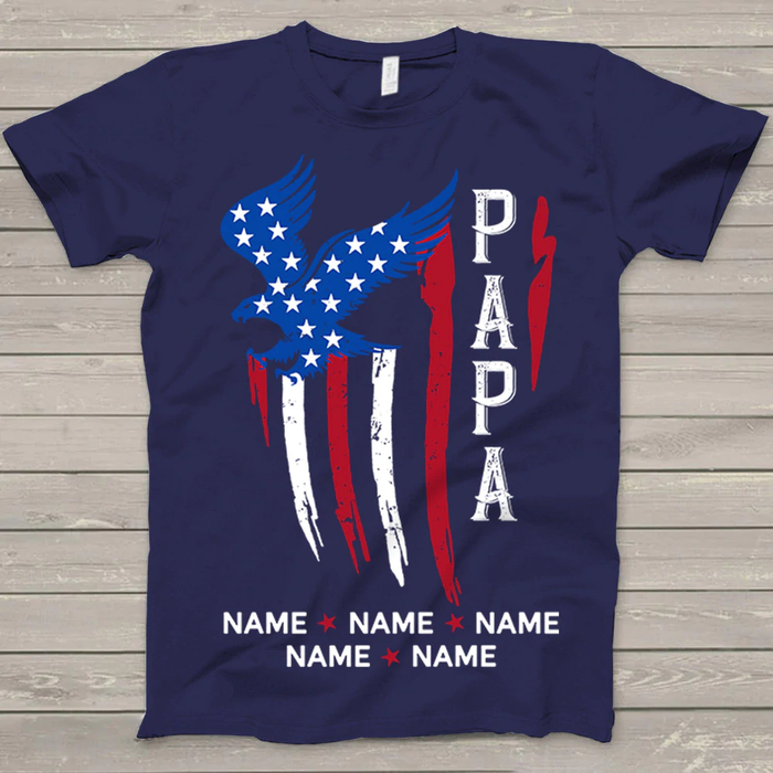 Personalized T-Shirt For Grandpa Vintage Eagle With USA Flag Design Custom Grandkids Name 4th July Day Shirt