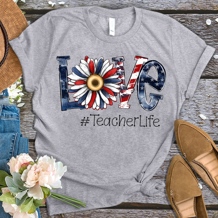 Personalized T-Shirt For Teacher Love Teacher Life Patriotic USA Flower Custom Hashtag Shirt Gifts For Back To School