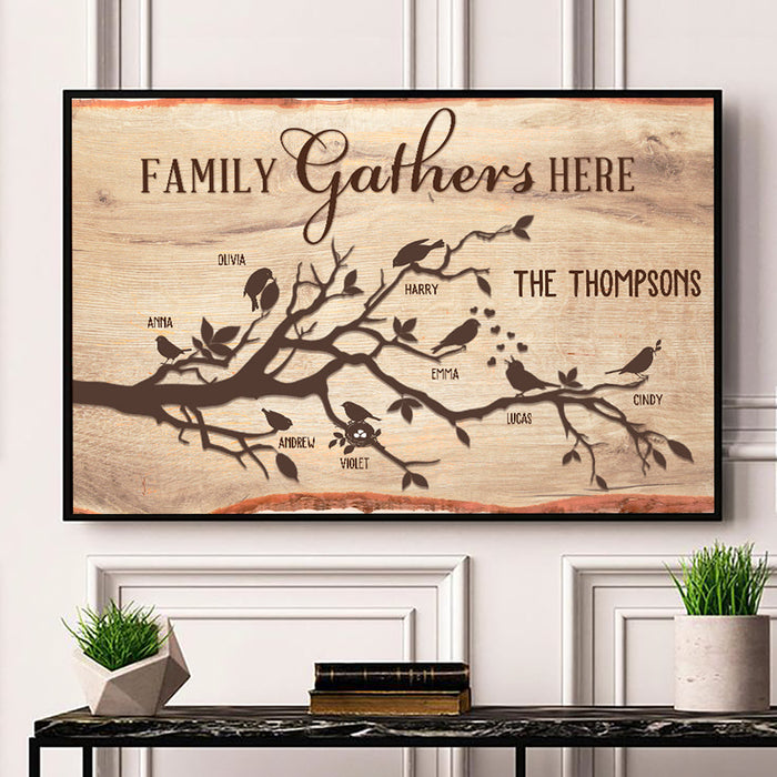 Personalized Wall Art Canvas For Family Tree And Birds Wooden Background Poster Print Custom Multi Name
