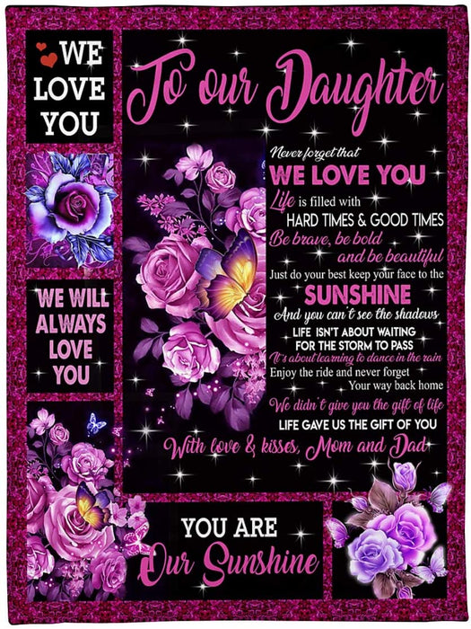 To Daughter From Dad And Mom You Are Sunshine Violet Rose Butterfly White Fleece Blanket Parent To Daughter Blanket, Daughter Blanket, Daughter Present Idea, Family Love Blanket