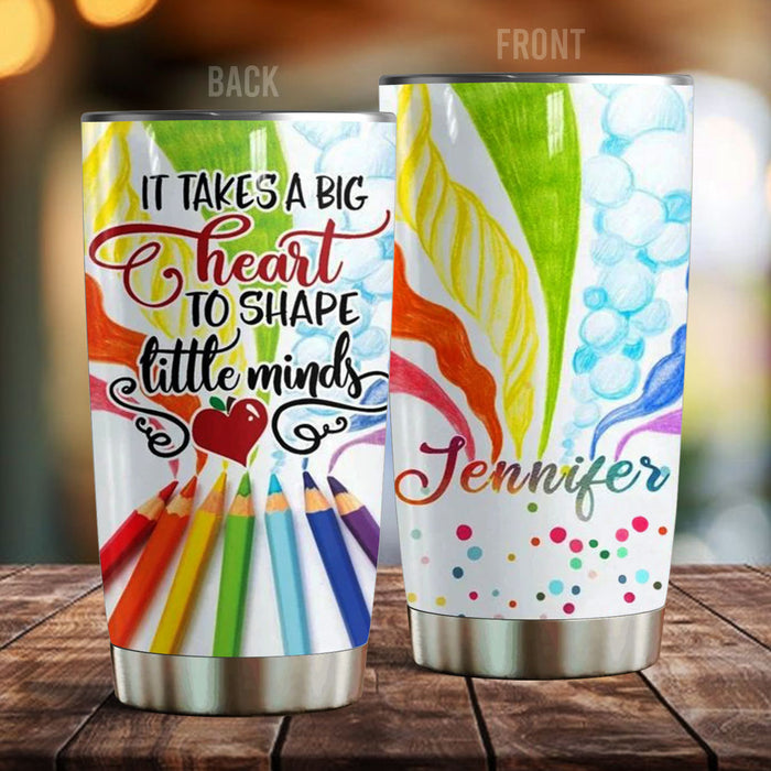 Personalized Tumbler For Teacher Colorful Crayons It Takes A Big Heart 20oz Travel Cup Custom Name Back To School Gifts