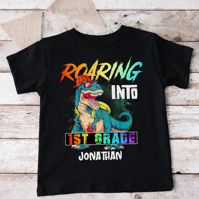 Personalized T-Shirt For Kid Roaring Into 1st Grade Dinosaur Print Vintage Design Custom Name Back To School Outfit