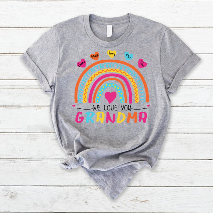 Personalized T-Shirt For Grandma Colorful Rainbow Heart We Love You Custom Grandkids Name Mothers Day Shirt