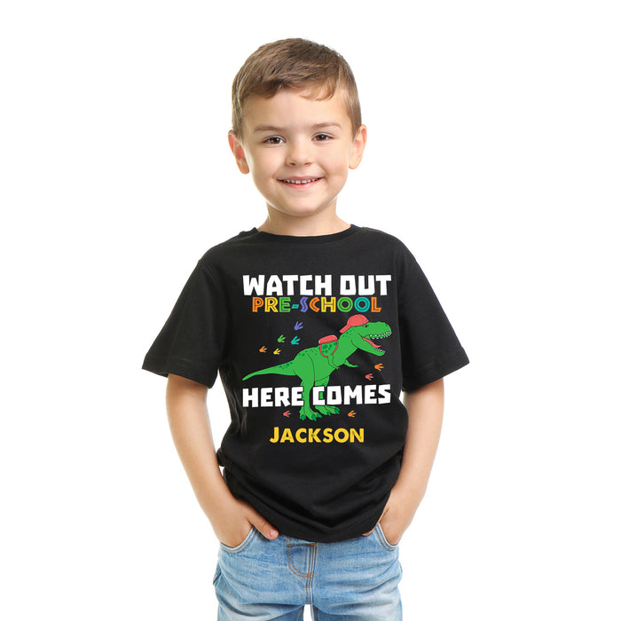 Personalized T-Shirt For Kids Watch Out Pre-School Dinosaur Print Custom Name & Grade Level Back To School Outfit