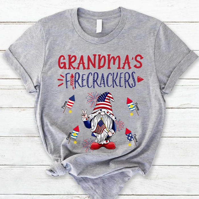 Personalized T-Shirt Grandma's Firecrackers Gnome Print USA Flag Design Custom Grandkids Name Independence Day Shirt