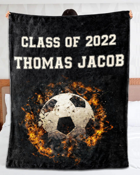 Personalized Graduation Blanket For Soccer Lovers Class Of 2022 Fire Ball Printed Custom Name Senior Graduation