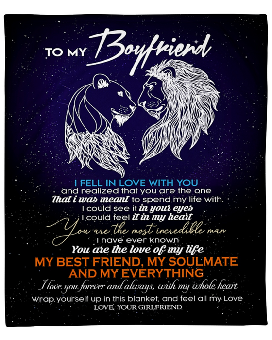 Personalized Blanket To My Boyfriend From Girlfriend My Soulmate Lion Couple Printed Galaxy Background Custom Name