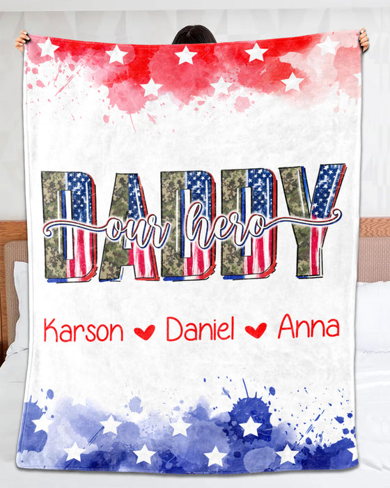 Personalized Blanket For Fathers Day For Grandpa Dad Daddy Our Hero American Flag Monogram Design Custom Kids Name