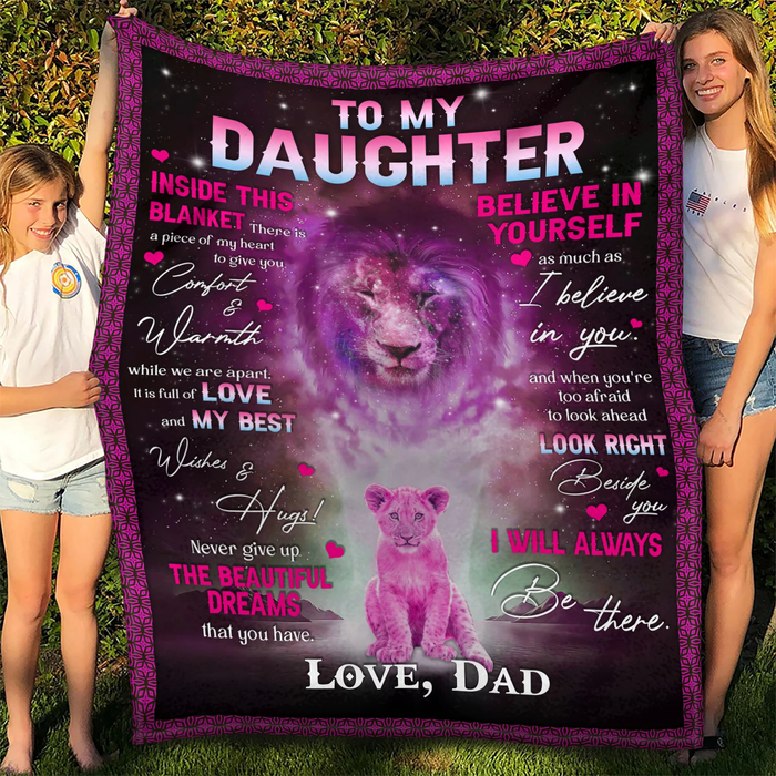 Personalized To My Daughter Blanket From Dad Inside This Blanket Is A Piece Of My Heart Old Lion & Baby Lion Printed