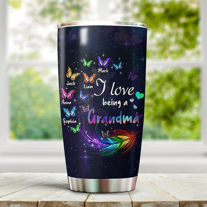 Personalized Tumbler Gifts For Grandma I Love Being Butterflies Feathers Custom Grandkids Name Travel Cup For Christmas