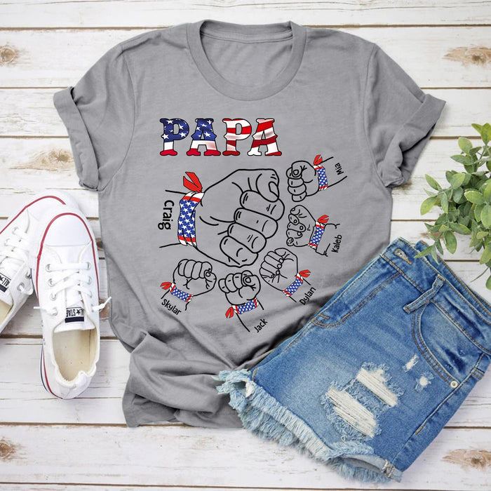 Personalized T-Shirt For Grandpa Papa Fist Bumps Vintage USA Flag Design Custom Grandkids Name 4th Of July Shirt