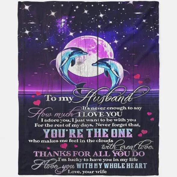 Personalized Fleece Blanket For Husband From Wife Print Dolphin Couple With Moon You Are The One Blanket For Valentine