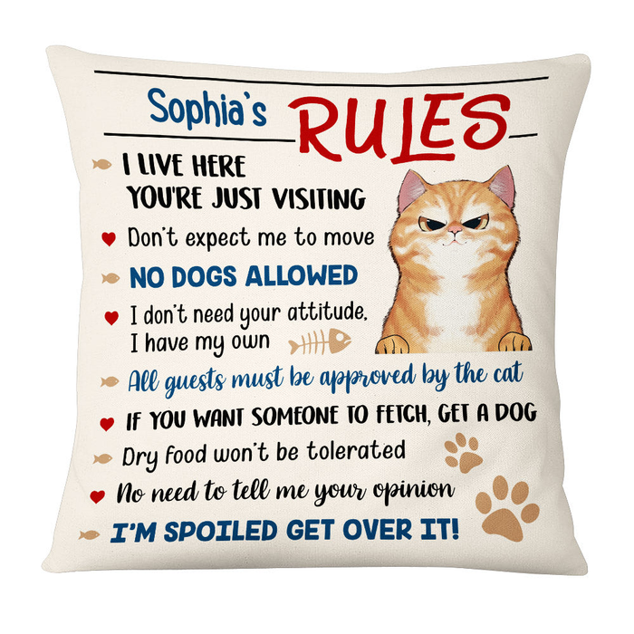 Personalized Square Pillow Gifts For Cat Owners Funny Cat's Rules Pawprints Custom Name Sofa Cushion For Christmas Xmas