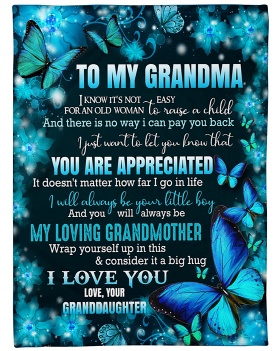 To My Grandma Fleece Blanket from Granddaughter Print Designed Butterflies Sweet Quote Wrap Yourself A Big Hug Sherpa Fleece Blanket