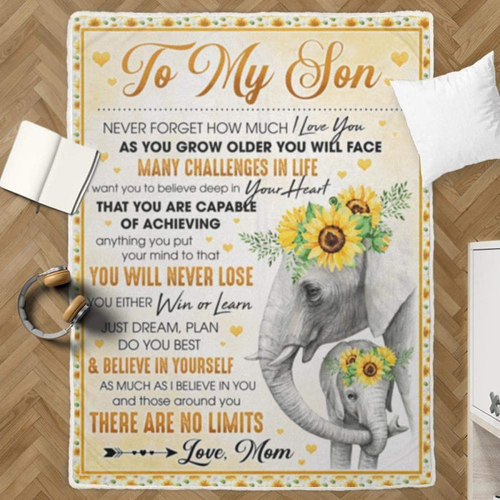 To My Son Blanket Never Forget How Much I Love You Elephant Sunflower Best Gifts for Son Blanket Sherpa Blanket Christmas Birthday Thanksgiving Graduation Fleece