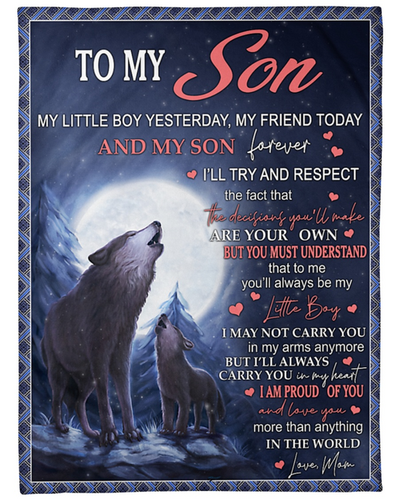 To My Son Fleece Blanket From Mom Print Wolf Family Under The Moonlight Message My Little Boy