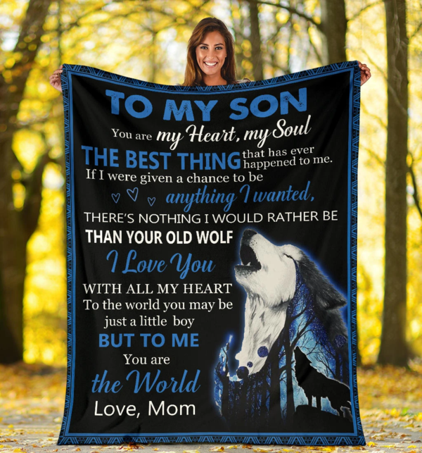 To My Son Fleece Blanket from Mom Novelty Designed Wolf Family Funny And Loving Message for Son Blanket Gift Mom for Mother's Day Blanket