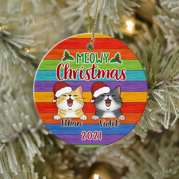 Personalized Ornament For Cat Lovers Rainbow Wooden Holly Branch Santa Hat Custom Name Tree Hanging Gifts For Christmas