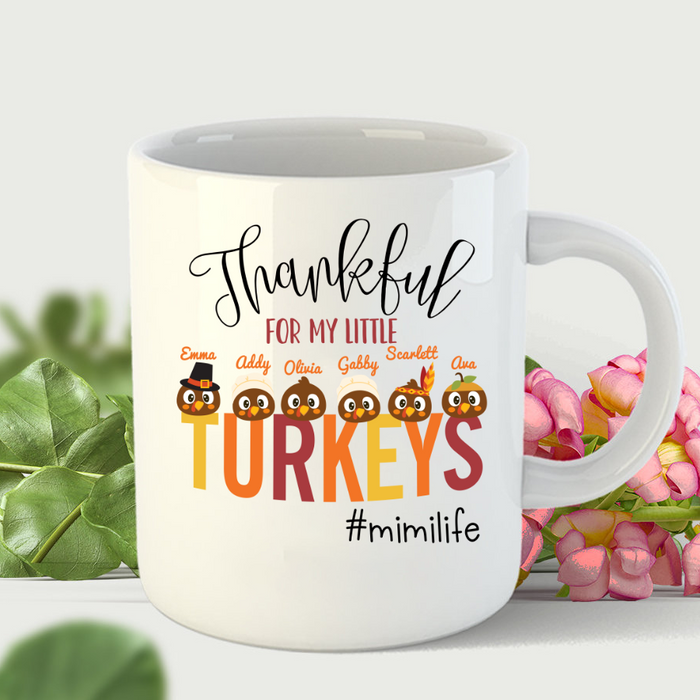 Personalized Coffee Mug Gifts For Grandma Thankful For My Little Turkeys Custom Grandkids Name Thanksgiving White Cup