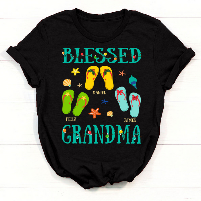 Personalized T-Shirt Blessed Grandma Summer Beach Style With Flip-Flop Printed Custom Grandkids Name
