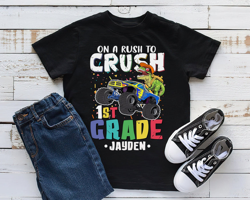 Personalized T-Shirt Gifts For Kids T Rex Dinosaur Rush To Crush 1st Grade Custom Name Shirt Back To School Outfit