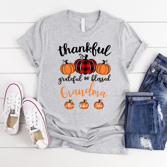 Personalized T-Shirt For Grandma Thankful Grateful And Blessed Cute Pumpkin Printed Plaid Design Custom Grandkids Name