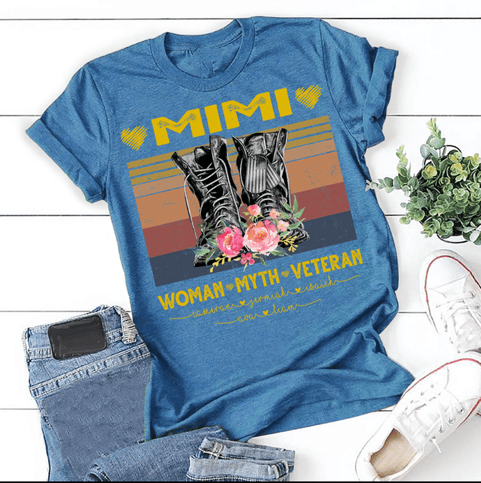 Personalized T-Shirt For Grandma Mimi Woman Myth Veteran Military Combat Boots Printed With Flower Custom Grandkids Name