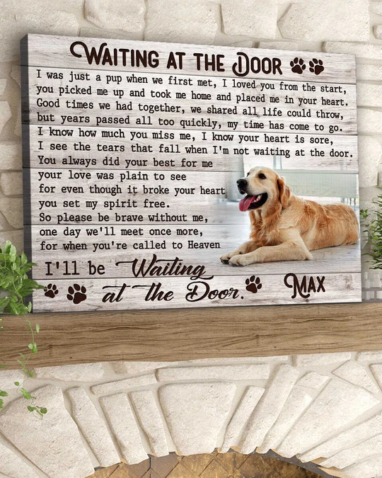 Personalized Memorial Canvas Wall Art For Loss Of Cat Dog Vintage Wooden Theme Waiting At The Door Custom Name & Photo