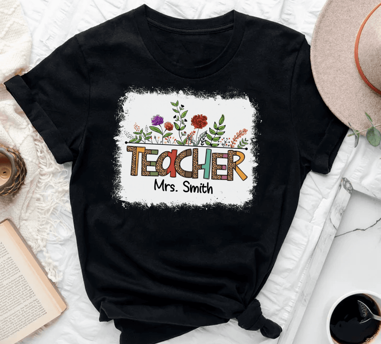 Personalized T-Shirt For Teacher Mrs. Smith Colorful Leopard With Flower Design Custom Name Back To School Outfit