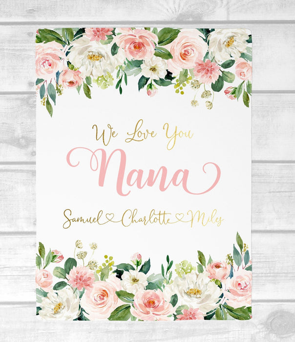 Personalized Rustic Floral Blanket For Grandma Mom Nana We Love You Family Fleece Blanket Custom Title & Grandkids Name