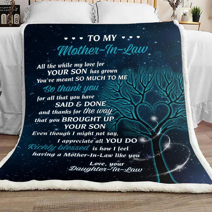 Personalized To My Mother In Law Fleece Blanket From Daughter In Law My Lover For Your Son Heart Tree Night Sky Printed