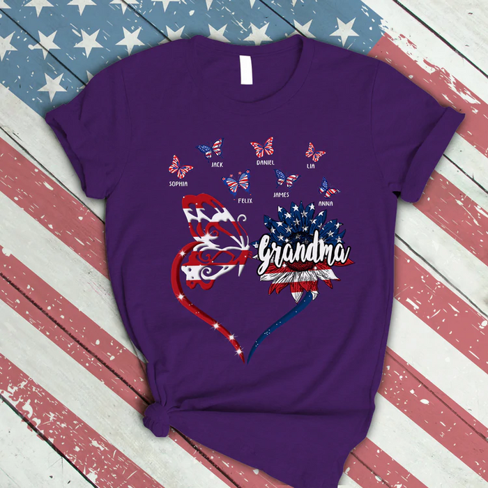 Personalized T-Shirt For Grandma Sunflower Butterfly Print USA Flag Design Custom Grandkids Name 4th Of July Shirt