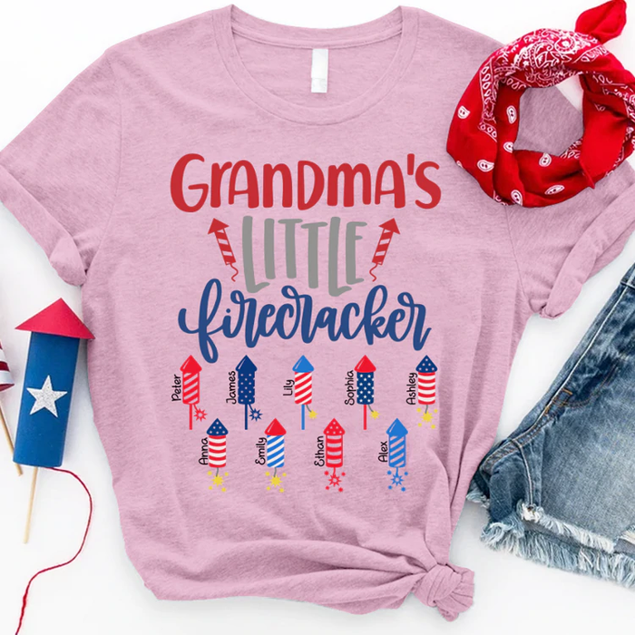 Personalized T-Shirt Grandma's Little Firecrackers USA Flag Design Custom Grandkids Name 4th Of July Shirt