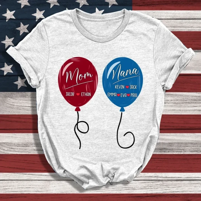 Personalized T-Shirt For Grandma Balloon Printed With Blue Red White Design Custom Kids Name 4th July Day Shirt