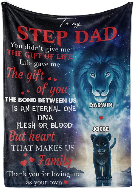 Personalized Blanket To My Bonus Dad From Son Daughter Old And Baby Lion Printed Galaxy Background Custom Name